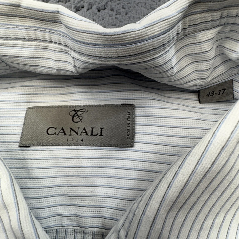 Camisa de vestir Canali para hombre 17 43 azul a rayas manga larga con botones hecha en Italia Foto 4 de 4