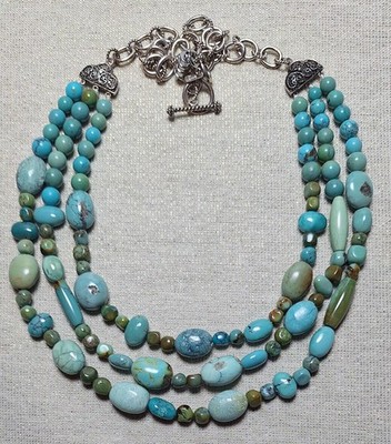 Vintage BJ 925 Sterling Silver 3 Strand Turquoise Beaded Statement Necklace