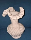 Vintage Large Fenton White Milk Glass Hobnail Ruffled Crimped Edge Vase 11"