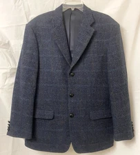 Harris Tweed Walbusch 3 Button Men's Blue Plaid Tweed Wool Sport Coat Jacket 46R
