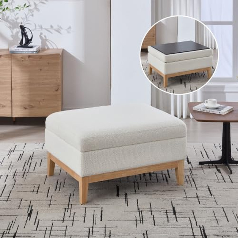 Ivory Boucle Accent Chair with Ottoman & Reversible Lid Coffee Table Storage