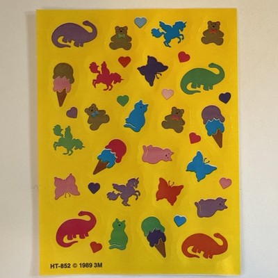 7 Bright Yellow Vintage 1989 3M Sticker Sheets Featuring Unicorns, Etc HT-852