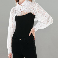 Damen Spitzen Fake Kragen Kurz Geschnittene Langarm Revers Hohl Halb Hemd Bluse