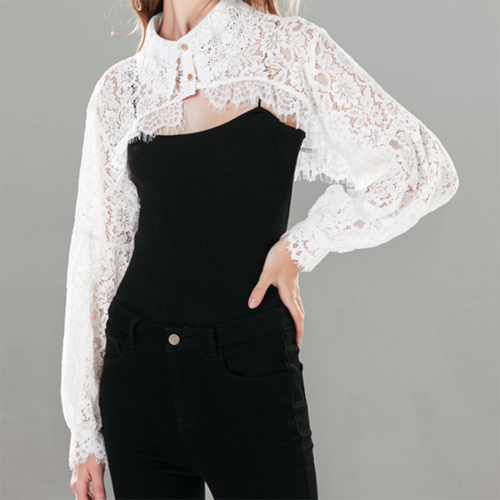 Donna Solido Pizzo Falso Colletto Crop Top Manica Lunga Forato Mezza Maglia Moda - Foto 12 di 14