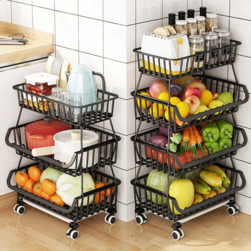 STORAGE STACKING WIRE BASKET STACKABLE SHELVES VEGETABLE FOOD KITCHEN RACK WHEEL - Picture 21 of 43