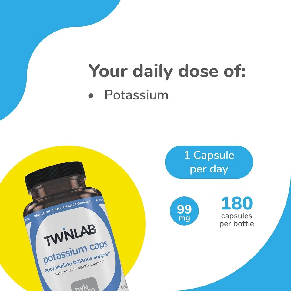 Cápsulas de potasio Twinlab - Salud muscular, cardíaca y tisular 180 cápsulas, 99 mg paquete de 2 Foto 3 de 4