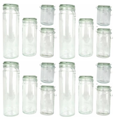 Lot of 16 Glass Storage Jars -  Glass with Silicone Sealing Hinged Lids 4 Sizes