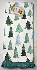COLORDRIFT KITCHEN TOWELS 2 GREEN BLUE TREES FRINGE 18 X 28 100 COTTON NIP