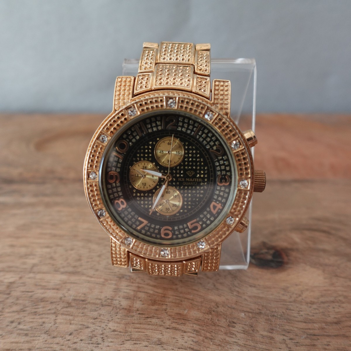 Ice Master Quartz Watch Men 51mm Crystal Rhinestones Gold 