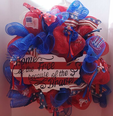 US Map Vibrant Red Blue Home of Free Because of the Brave 24'' Deco Mesh Wreath