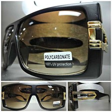 OVERSIZED VINTAGE RETRO SHIELD WRAP Style SUN GLASSES Matte Black Gold Frame