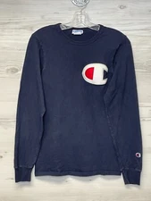 Champion Long Sleeve Mens T Shirt Blue Crew Neck Embroidered Big C Size XS