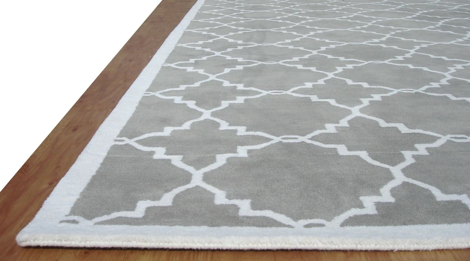Lattice Trellis Gray Modern Handmade Hand-Tufted 100% Wool Area Rug Carpet. - Image 4 of 4