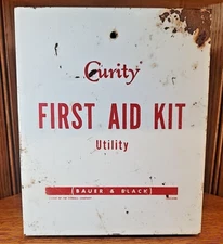 Vtg Curity First Aid Kit Utility Bauer Black Wall Mount Metal Kendall Chicago AD