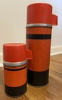Set Of 2 Vintage Aladdin Economy Red Black Stripe Metal Thermos No 3B & No 43B — photo 1