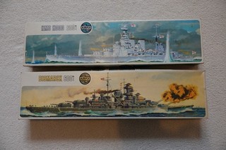 HMS Hood (built) and Bismark (part built) Airfix kits 1:600 scale