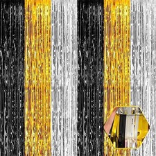 6 Pack Black Gold Silver Foil Fringe Curtain Backdrop 3.28Ft x 8.2Ft Metallic...