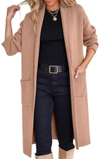 Women’s Oversized Long Sweater Coat Duster – Open Front Knit – Light Camel S M L