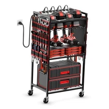  Large Power Tool Organizer Cart with Charging Station, 6 FT Power Cord Red