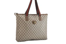 Authentic GUCCI Web Sherry Line GG Plus Tote Bag PVC Leather Brown 2291N