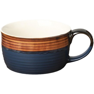 24 oz Blue Brown Large Ceramic Soup Mug with Handle Oversized Porcelain Bowl