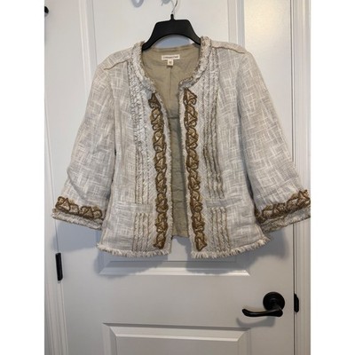 Coldwater Creek Jacket Womens 14 Cream Excellent Beaded Fringe Linen Blend Boho
