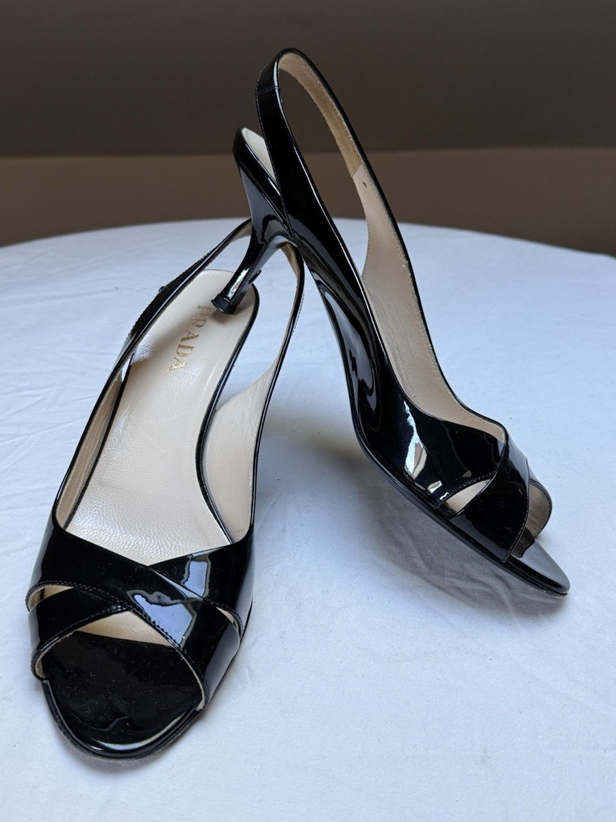 Prada Black Patent Leather Slingback Kitten Heels Open Toe - Main Image