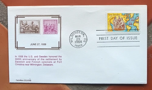 NEW SWEDEN COLONY IN DELAWARE 350TH ANNIV 1988 CARROLTON CACHET FDC UNADDRESSED
