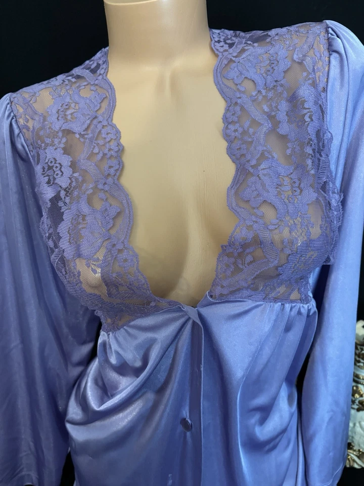 VTG SILKY Nylon Peignoir Robe Smooth Nightie Lingerie Robe olga esque w Lace - Image 2 of 4
