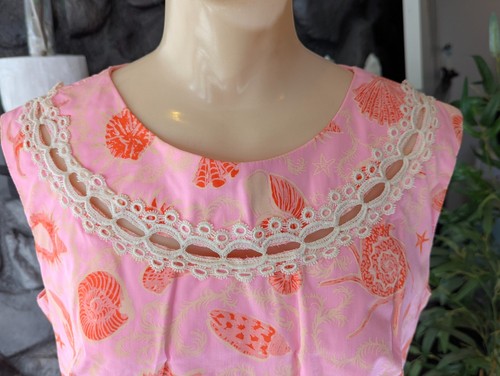 Vtg 60s Mod Pink Seahorse Shell Pattern Shift Dress w/ Crochet Lace M/L Cruise, $89.99 - Photo 3