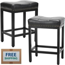 Set of 2 Black Counter Height Stools Bar Stools 24 inch Bar Leather Saddle Stool
