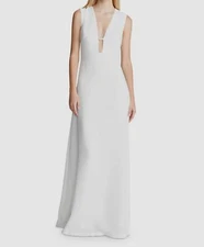 $545 Halston Women White Rene Plunge V-Neck Sleeveless Gown Dress Size 6
