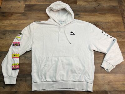 PUMA Authentic White Embroidered Long Sleeve Hoodie Sweatshirt Flaws Multi Logo