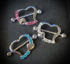 PAIR Gem Heart Nipple Shields Rings Barbells 14g Pierced Body Piercing Jewelry