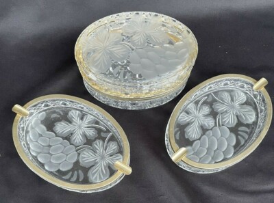 Etched~Pressed Crystal Hinged Dresser Jar & 2 Side DIshes with Gilt Edges