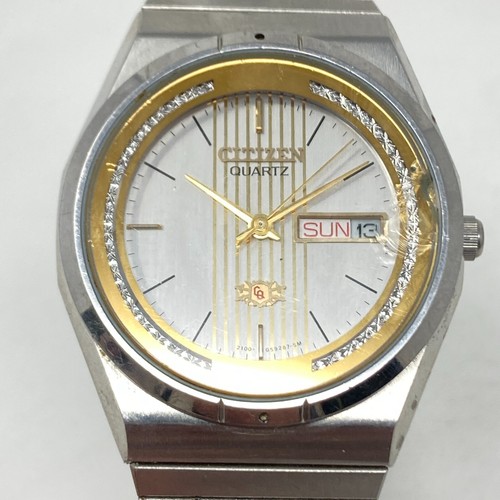 Vtg Citizen CQ Watch Men 35mm Silver Gold Tone Day Date 2100-943325SMK New Batt