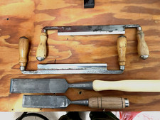 Vintage Greenlee 10" draw knife set and (1) 2" Slick, (1) 1-3/4” Socket Chisel.