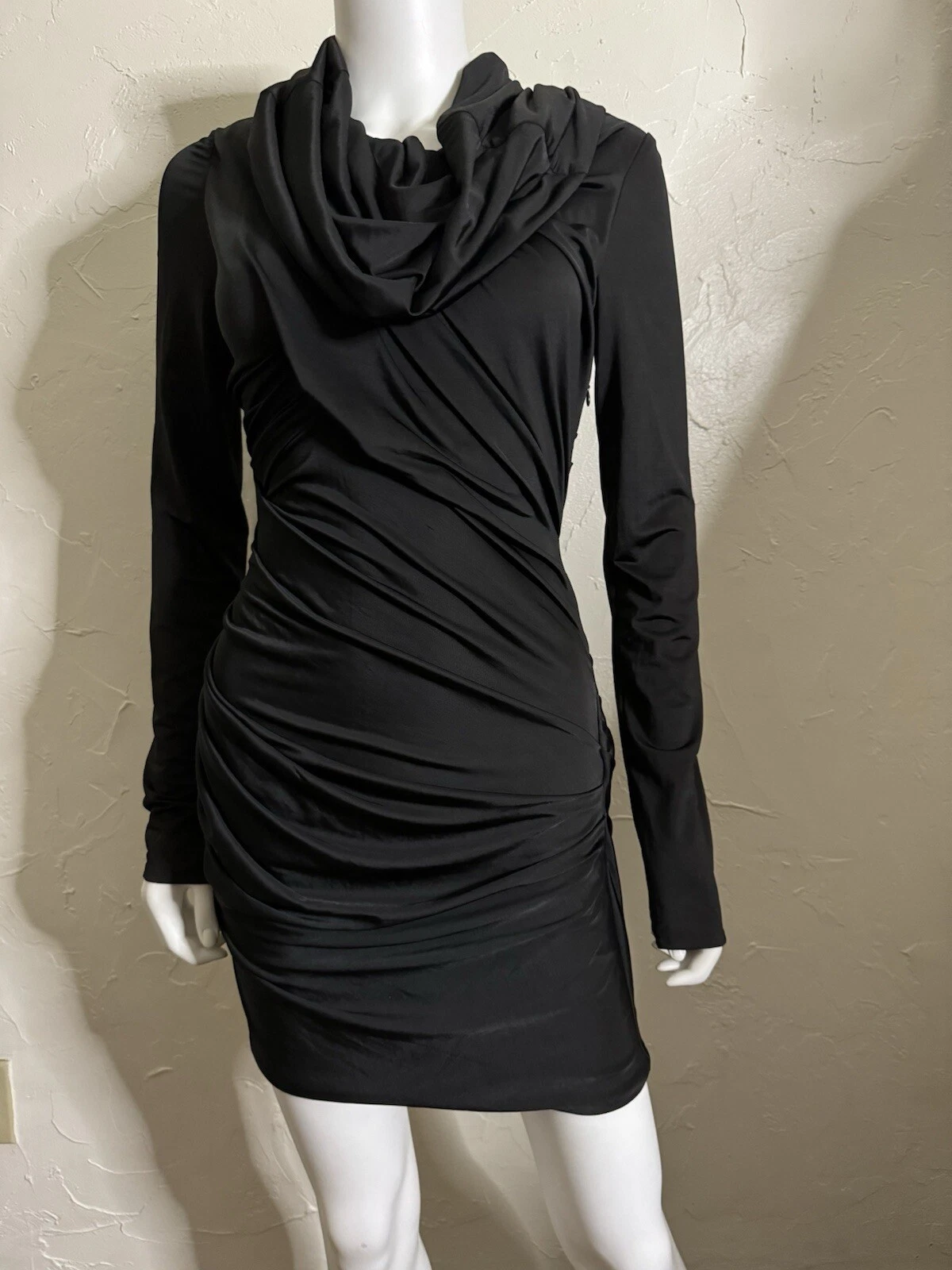 ALEXANDER WANG ABITO BODYCON DRAPPEGGIATO MANICHE LUNGHE NERO TAGLIA 2