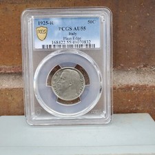 Italia 1925-R cincuenta centavos lira graduada PCGS AU55 borde liso 49070832