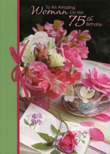 Amazing Woman Flowers on Table: 75th - Birthday Card by Designer Greetings