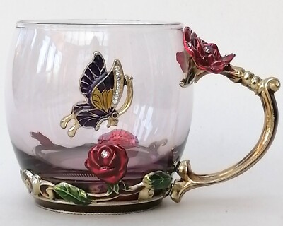 ARC Glas Tasse mit Emaille & Schmuck Schmetterlinge & Rosen 320 ml