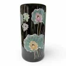 Vintage Chinese Famille Noire Lotus Water Lily Asian Floral Umbrella Stand