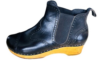 TOFFEL SWEDISH HASBEENS CLOGS ANKLE BOOTS BLACK LEATHER BROGUE WOMEN 38 / US 8