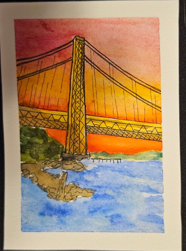 Aceo Orginal Watercolor Painting NYC Bridge Sunset