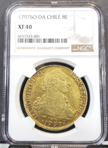 1797 SO DA CHILE GOLD 8 ESCUDOS CHARLES IV NGC XF 40 RARE GREAT LOOKING COIN
