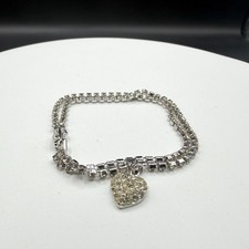 Silver Tone Rhinestone Tennis Bracelet Crystal Heart Charm Romantic Gift Boho