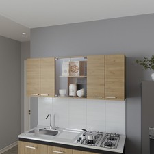 Wall Cabinet kitchen in Melamine wit 4 Doors and Glass Storage, Natural Oak