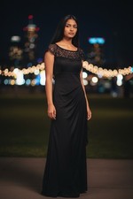 Vtg Y2K Black Maxi Gown Sz 6 Evening Cap Sleeve Beaded Ruched Draped Whimsigoth