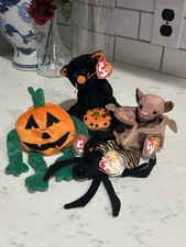 Ty Beanie Babies Halloween Superstition the Cat, Batty the Bat, Pumkin, Spinner