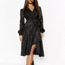Satin Jacquard Wrap Midi Skater Goth Black Dress FINAL SALE 8